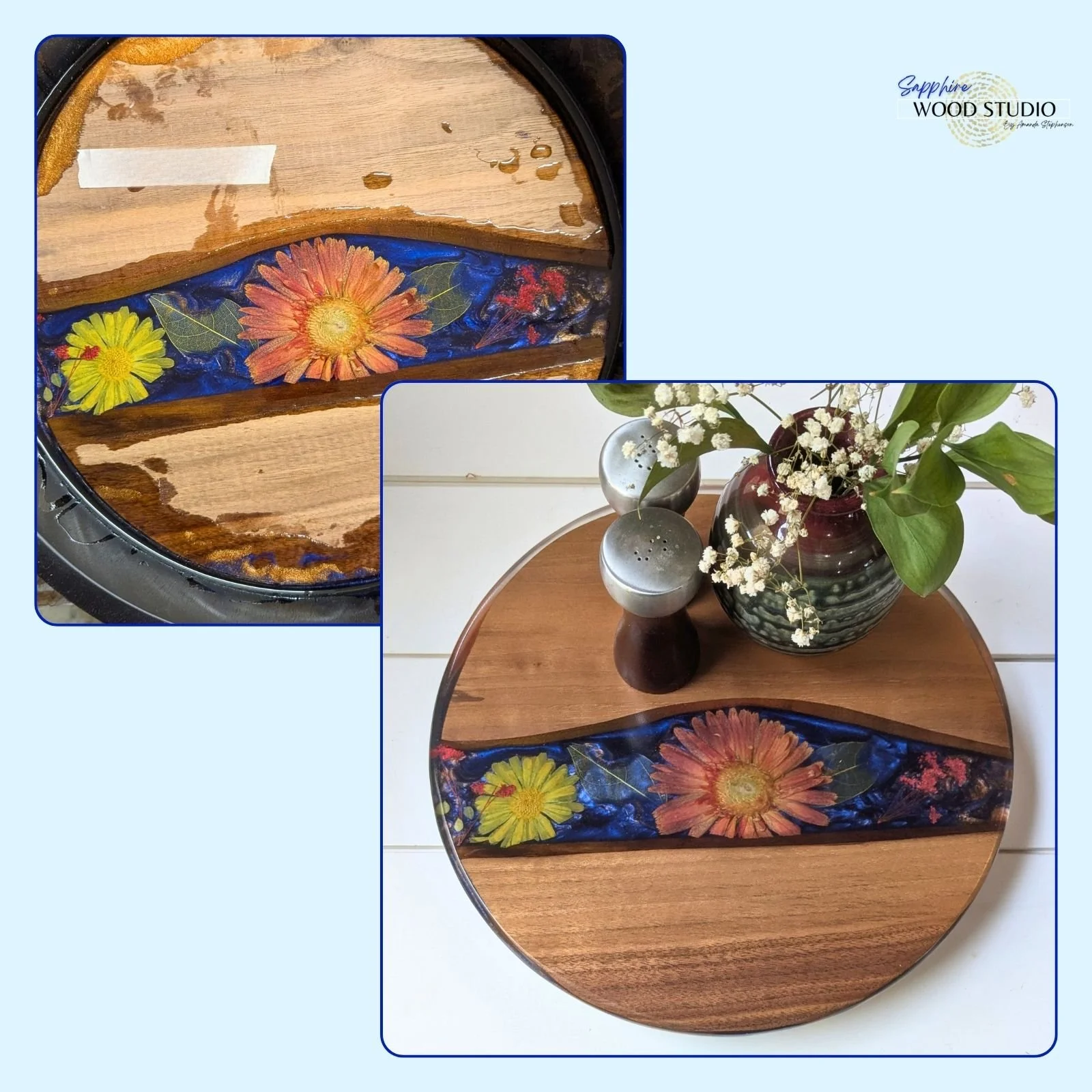 Before and after from our very first Lazy Susan class at Cedar Glade Brews
Often  people worry about spilling resin on the wood. As you can see, we run it through a planer and then sand away any blemishes. 
So, even those with a shaky hand will come 