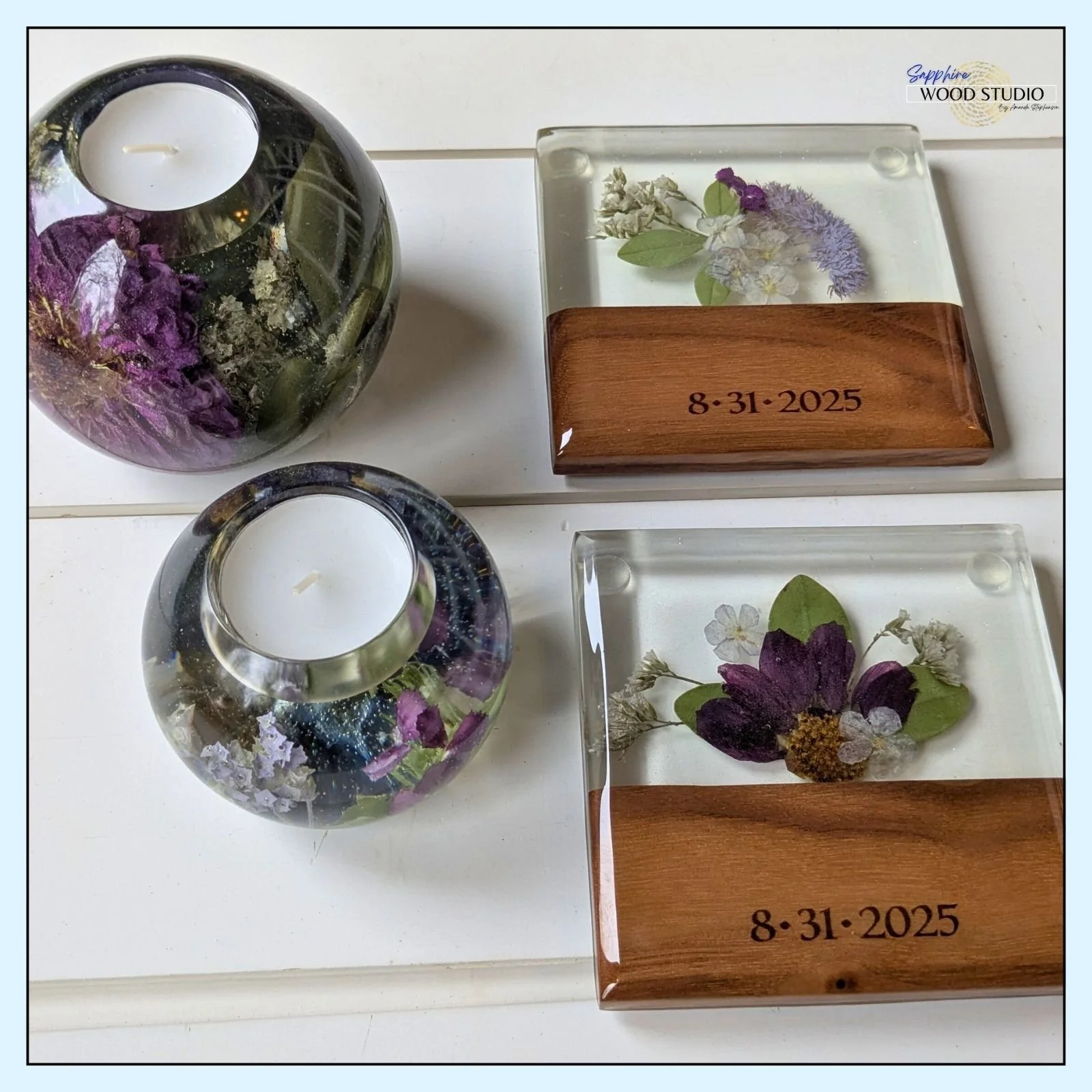 Wedding flower preservation reveal! 🙌
More to come from this bouquet. These coasters and tea light candle holders came out so pretty!