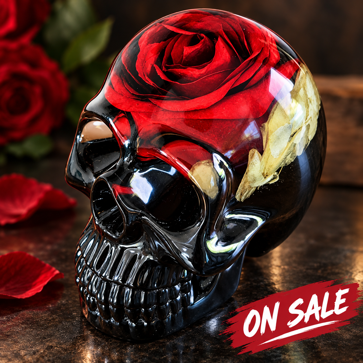 Resin Skull with Red Rose