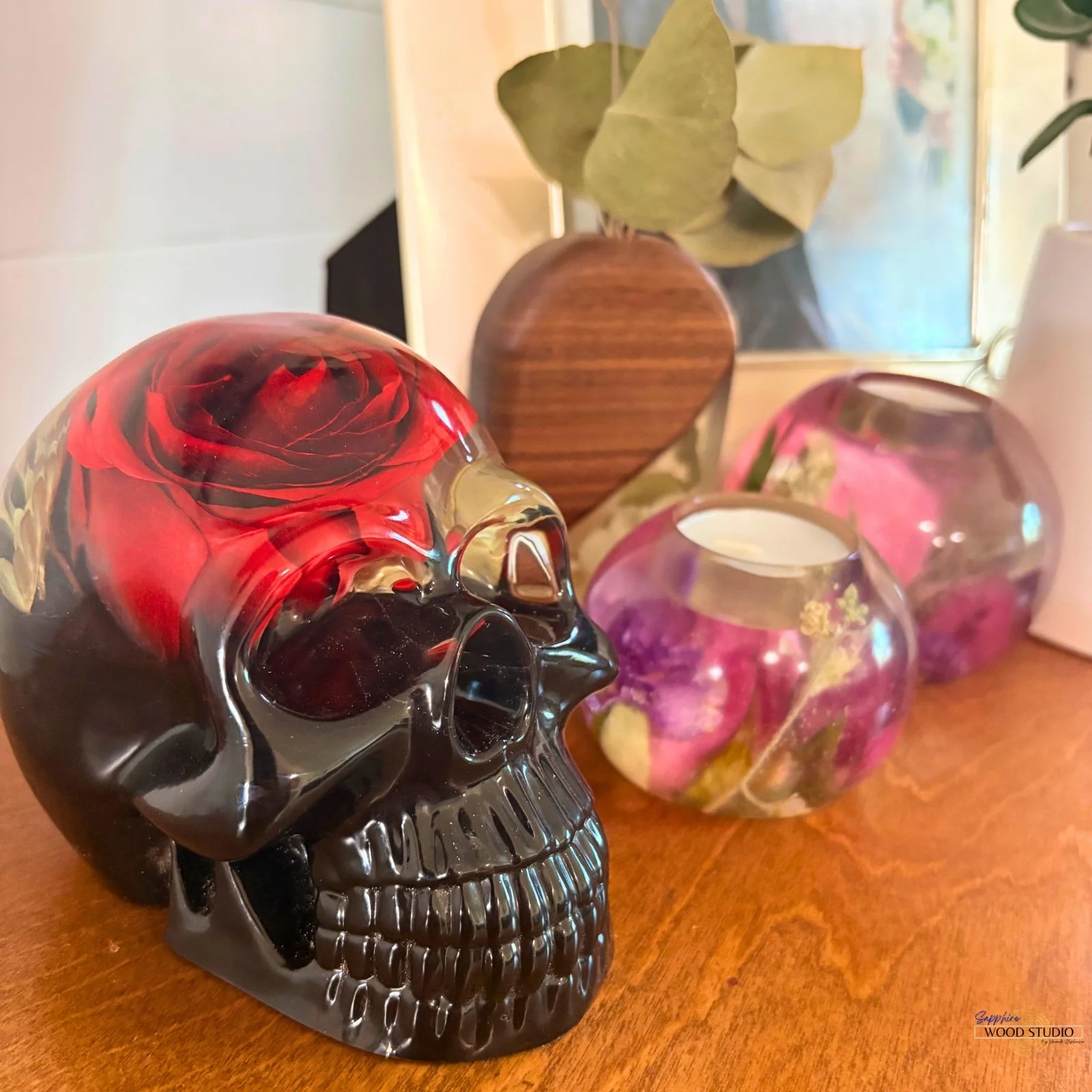 Resin Skull with Red Rose