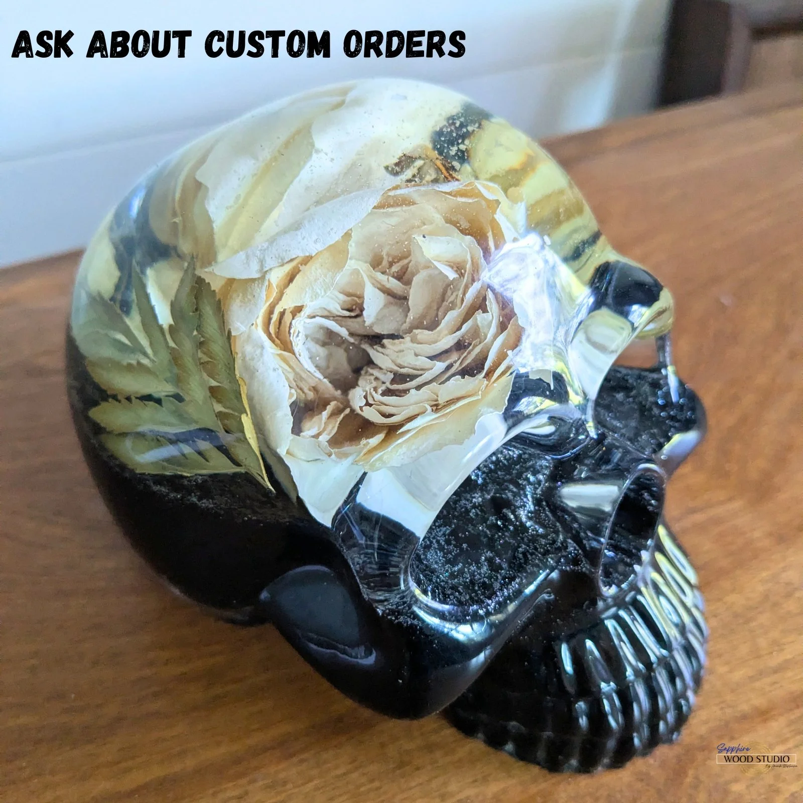 Resin Skull with Red Rose