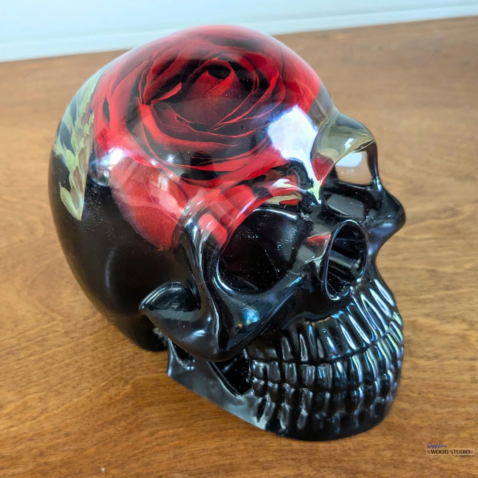 Resin Skull with Red Rose
