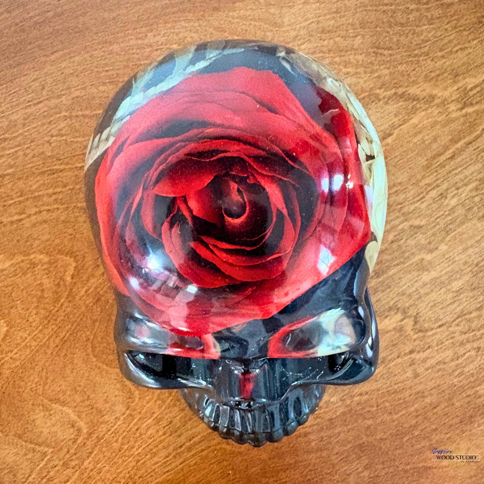 Resin Skull with Red Rose
