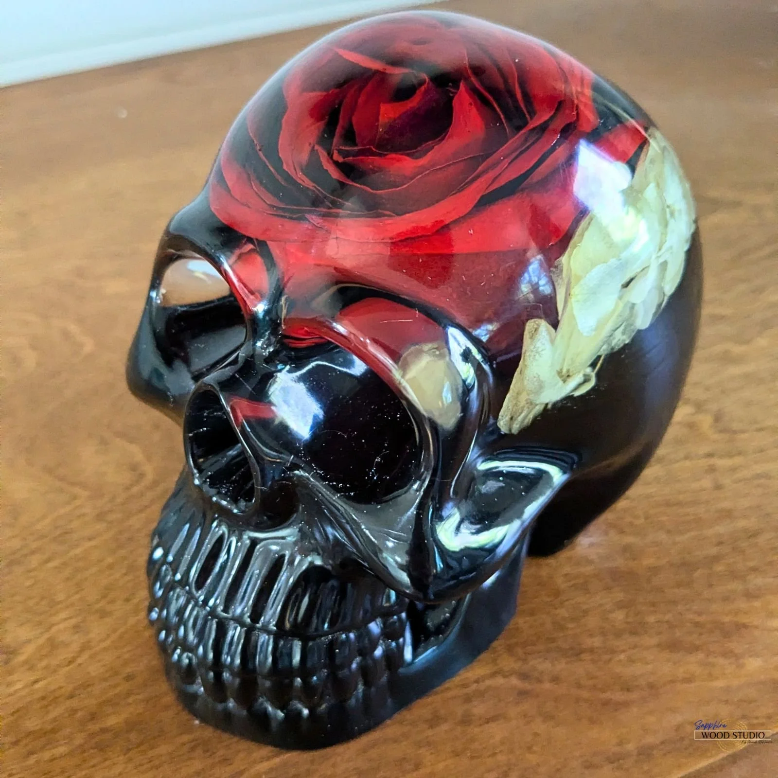 Resin Skull with Red Rose
