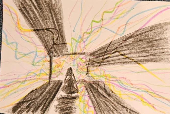 "Dopamine Part and isolated exile" - Drawn on A4 Paper with colour pencils, during the IFS L1 in Busselton WA June 2026