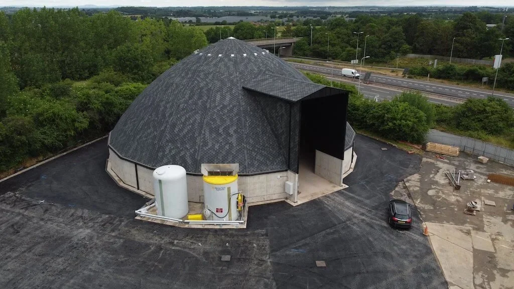 Aerial view of a Eurodome dome timber salt barn at National Highways Strensham beside the motorway