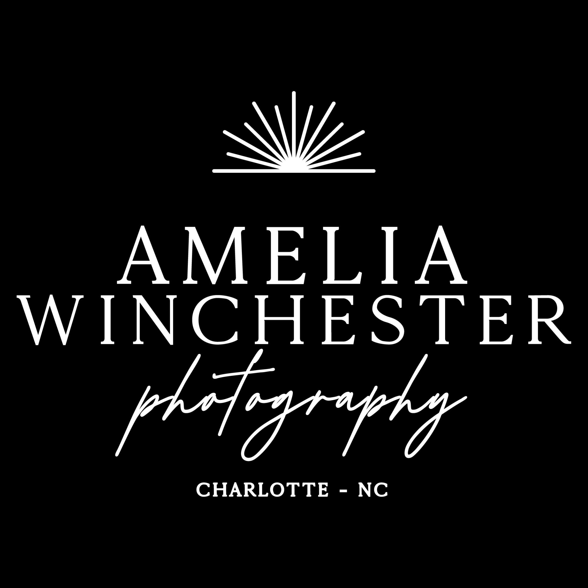 Logo with a sunburst design and text reading 'Amelia Winchester Photography' and 'Charlotte, NC' in black and white