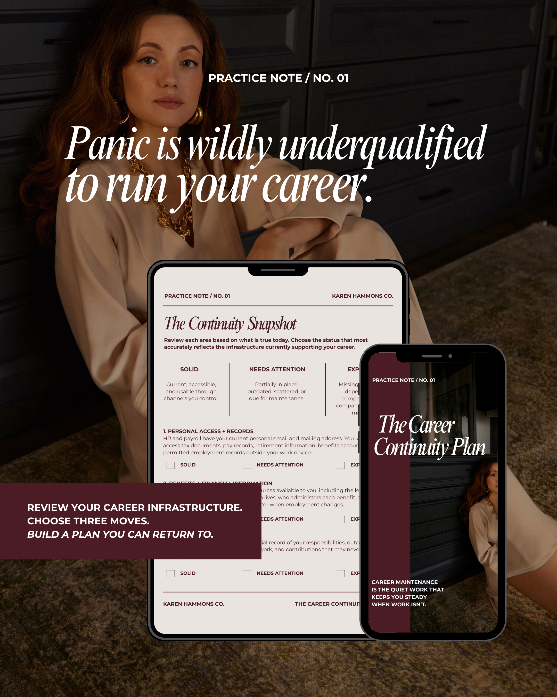 The Career Continuity Plan Practice Note shown on tablet and phone with career planning worksheets.