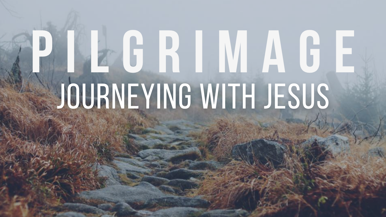 A rocky path with the words "Pilgrimage, journeying with Jesus"