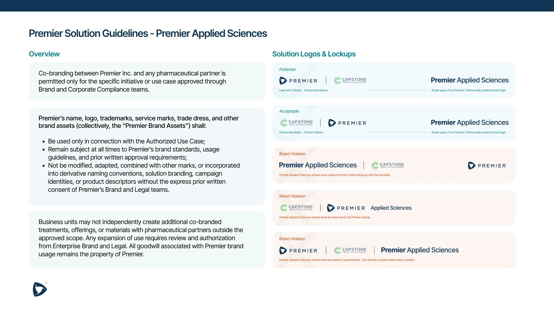Guidelines for using Premier brand assets with partner logos, including acceptable and restricted logo combinations and branding rules.