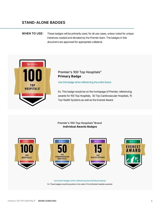 Guidelines for hospital badges featuring Premier's 100 Top Hospitals Primary Badge, individual awards badges for Top Hospitals, Top Cardiovascular Hospitals, Top Health Systems, and Everest Award.