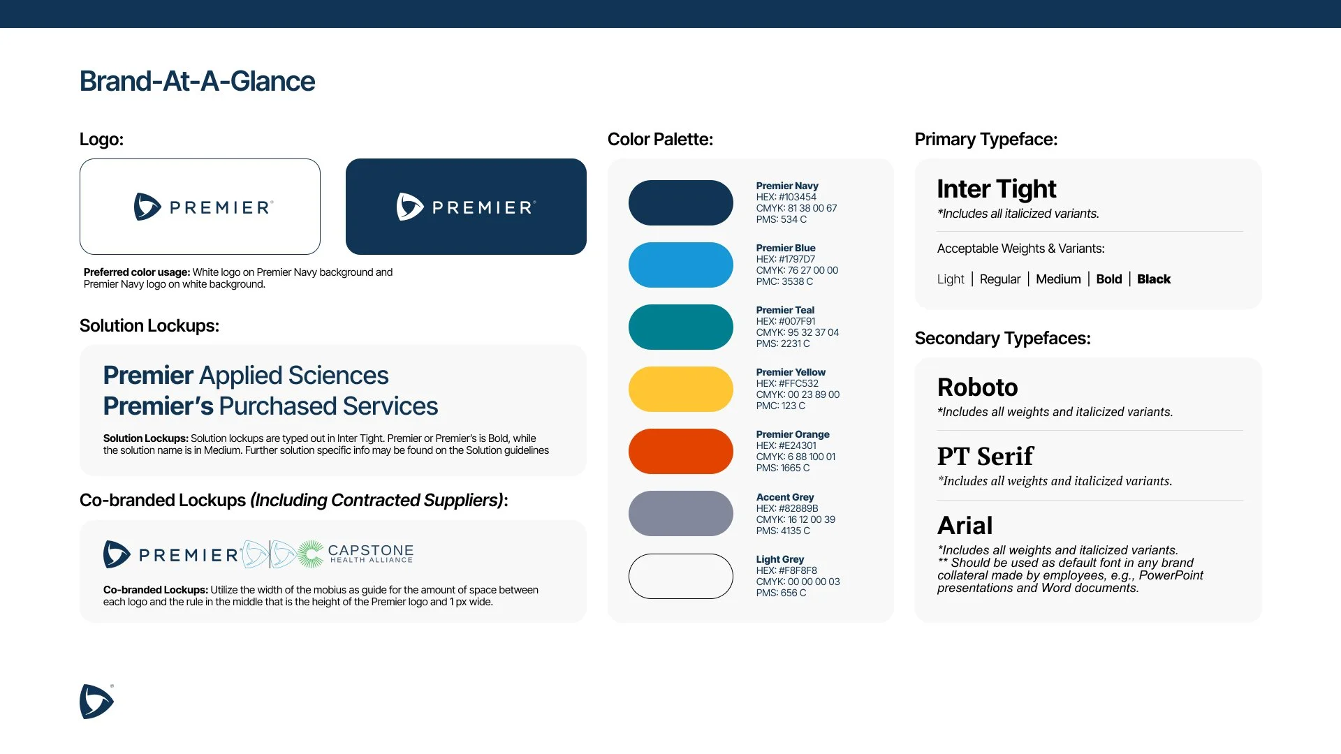 A style guide for a company's branding, including logo, color palette, primary and secondary typefaces, and co-branded lockups.
