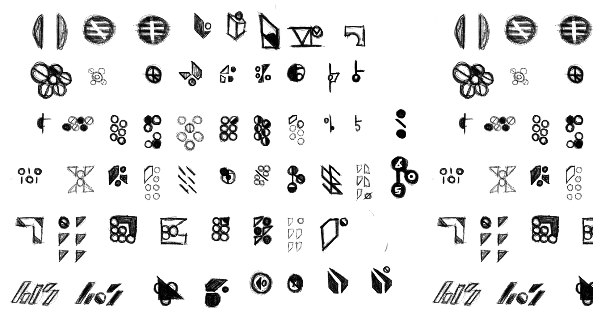 A sheet of paper with many rows of hand-drawn symbols, shapes, and patterns in black ink. The symbols include circles, triangles, squares, lines, and abstract designs arranged in a grid-like fashion.
