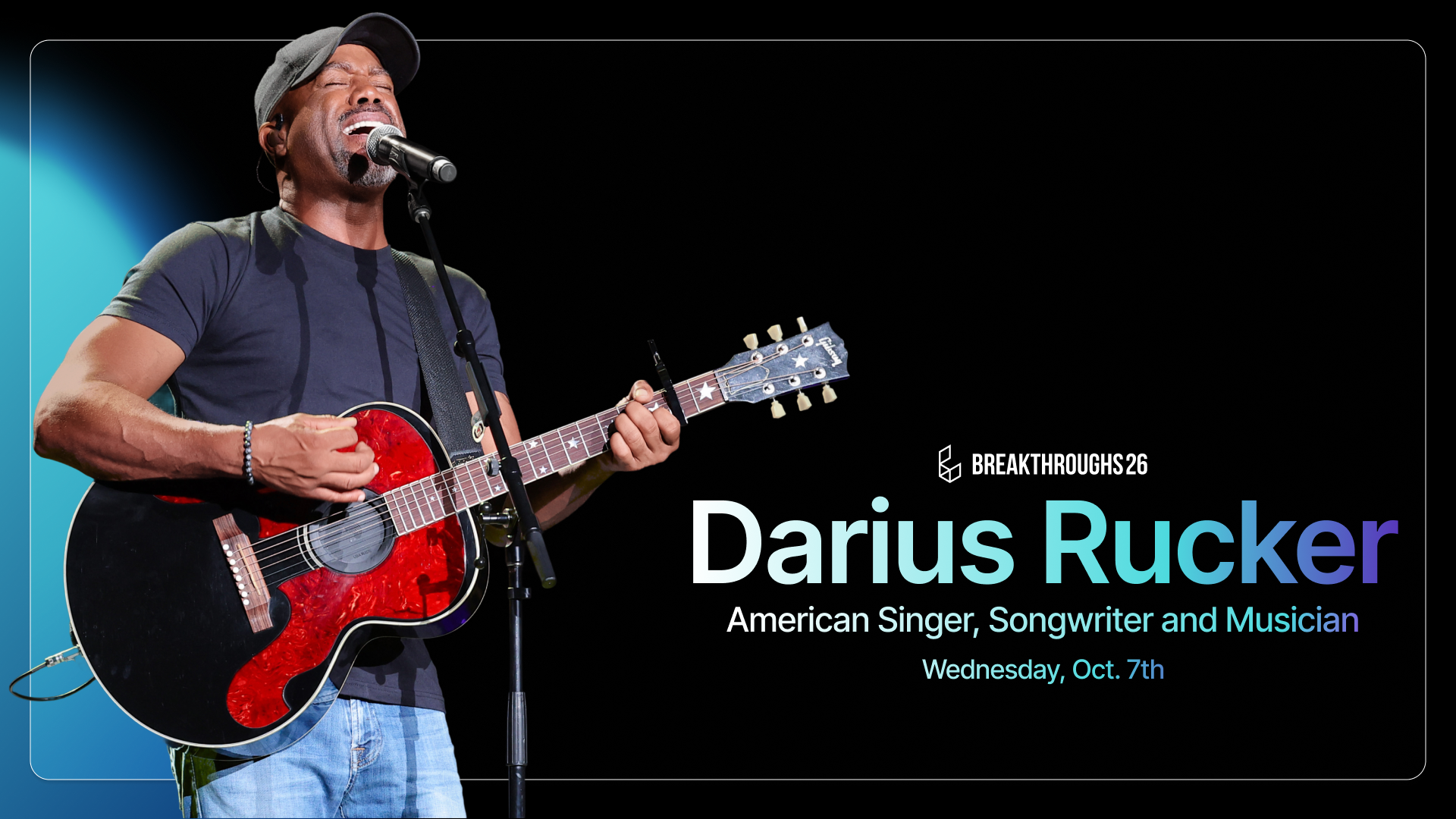 Image of Darius Rucker singing and playing an acoustic guitar with eyes closed, wearing a dark T-shirt and gray cap, against a black background, with event details on the right.