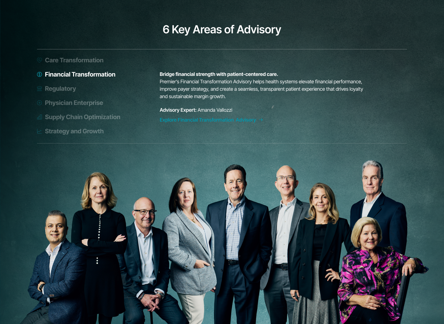 Group of nine business professionals posing for a photo in front of a gray-green background, with a screen displaying text about key advisory areas including financial transformation.