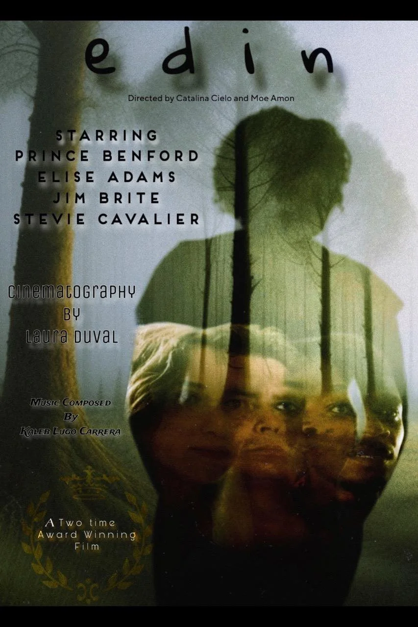 Poster for the film "Eden" featuring the names of the cast and crew, including Prince Benford, Elise Adams, Jim Brite, and Stevie Cavalier. The poster shows superimposed images of a tree, a person with curly hair, and a woman with blonde hair, with text indicating it is a two-time award-winning film.