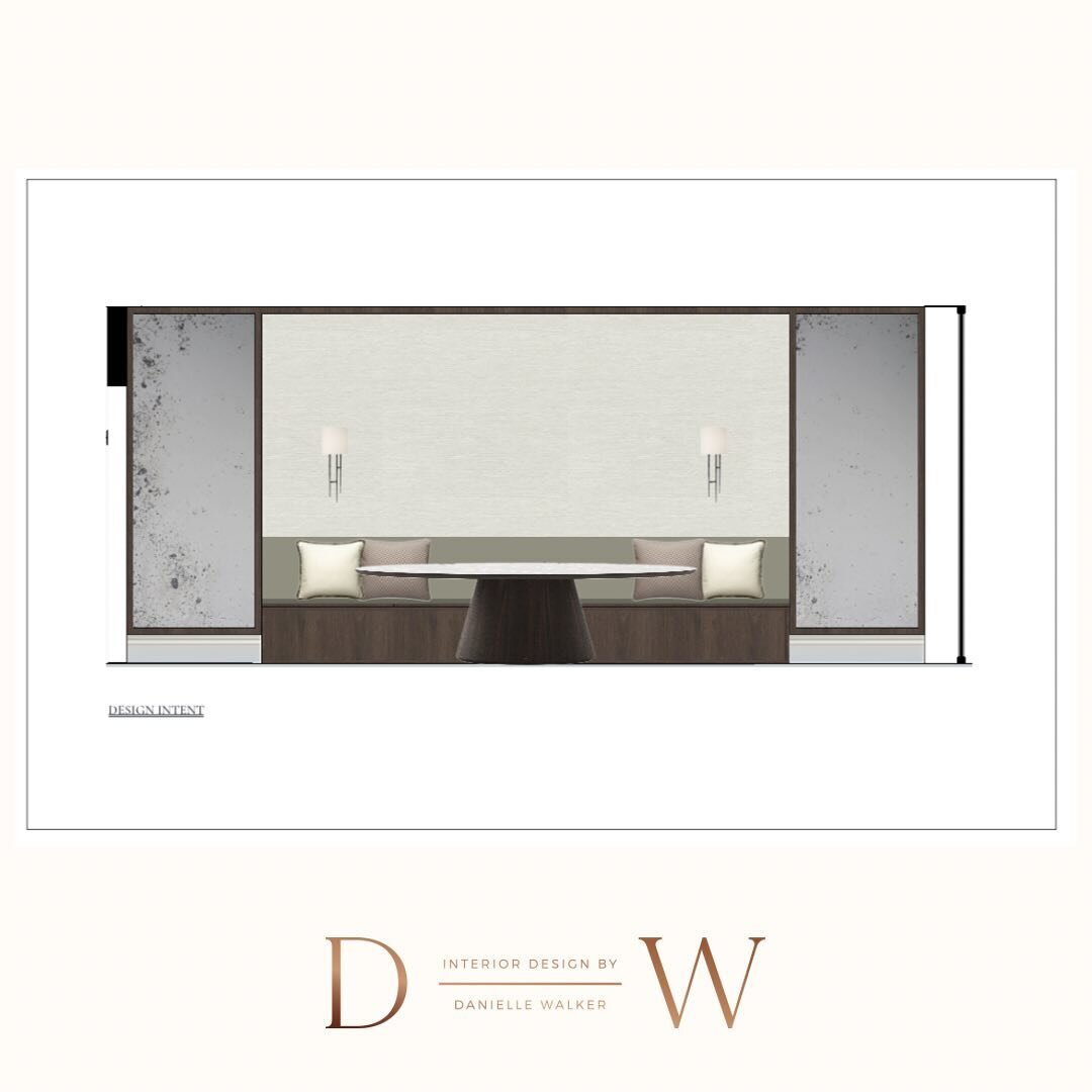 The banquette seating &amp; casual dining area design. Seamlessly integrated with a full wall feature, comprising of antique mirror panels, timber framing and a textured wallpaper. 

In production soon 🥳

#KentInteriorDesign #HomeRenovation
#HomeRen