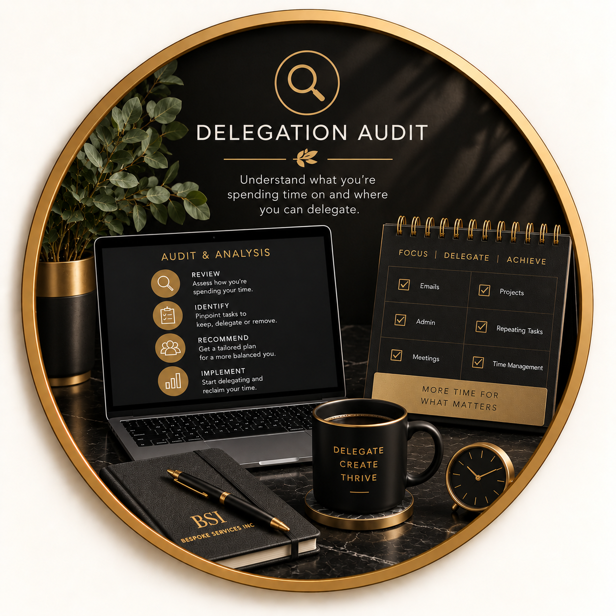 Desk setup with a potted plant, a laptop displaying delegation audit steps, a black coffee mug with gold text, a gold-rimmed clock, a planner, and a clipboard with checklists, all in black and gold theme.