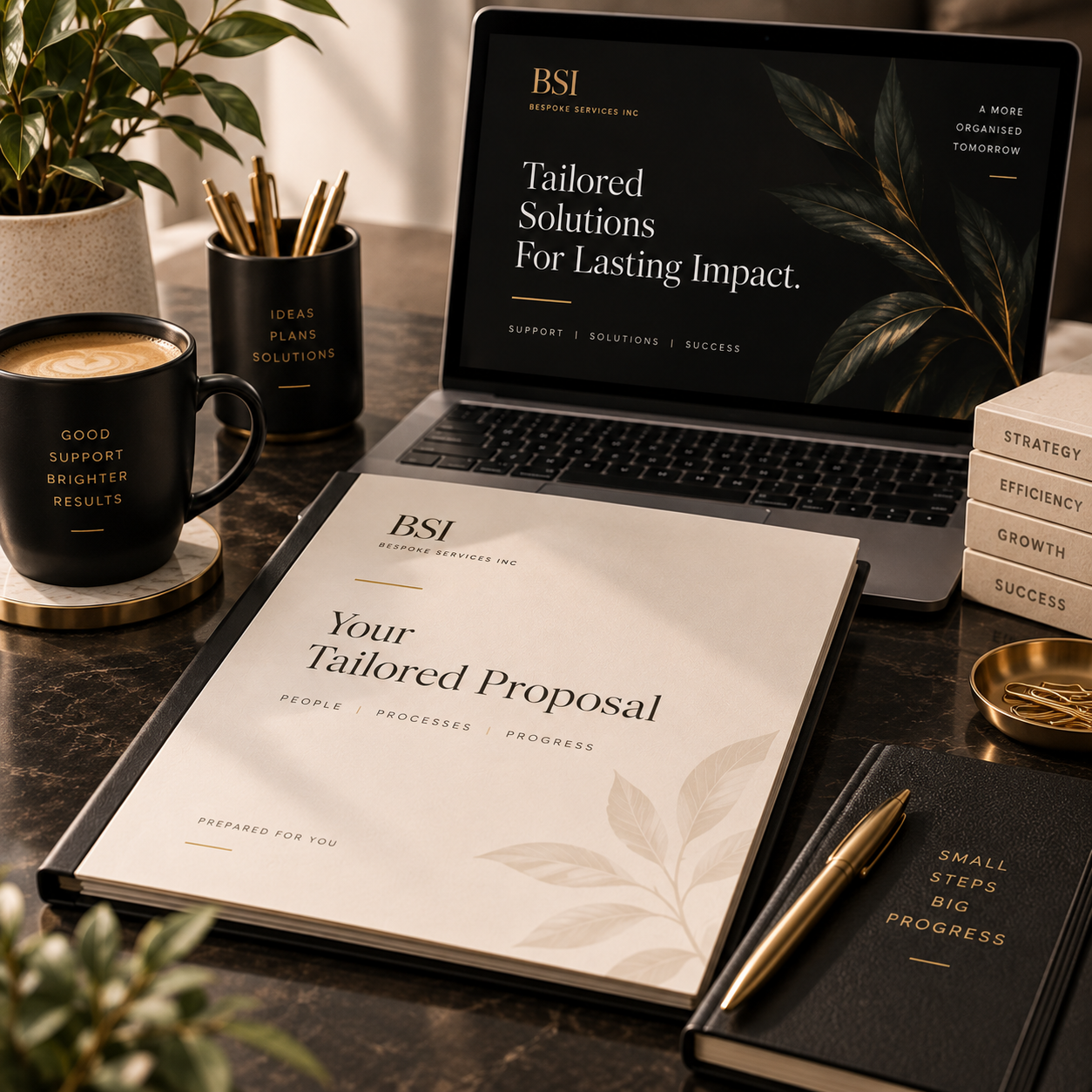 A workspace featuring a laptop displaying a presentation slide with leaves and the text 'Tailored Solutions For Lasting Impact,' a printed proposal titled 'Your Tailored Proposal,' a black coffee mug with gold text, a black cup with gold text holding pens, a stack of books with motivational words, and a notepad with a gold pen, all on a dark wood desk with decorative plants.