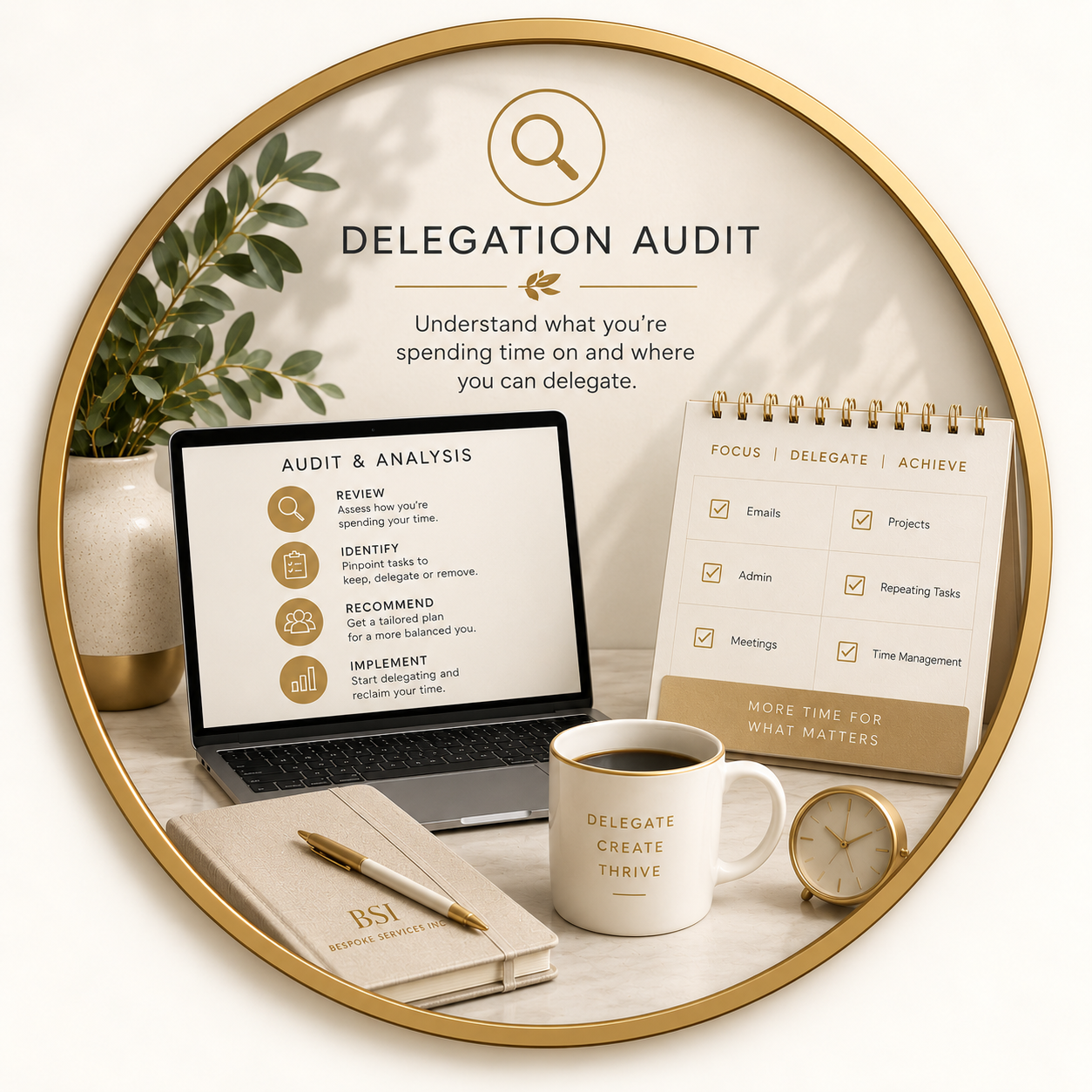 Decorative workspace featuring a laptop with an audit and analysis plan, a potted plant, a notepad with a pen, a coffee mug labeled "Delegate Create Thrive," a small gold clock, and a digital calendar with task categories like emails, projects, admin, meetings, repeating tasks, and time management, all framed within a gold circular border.