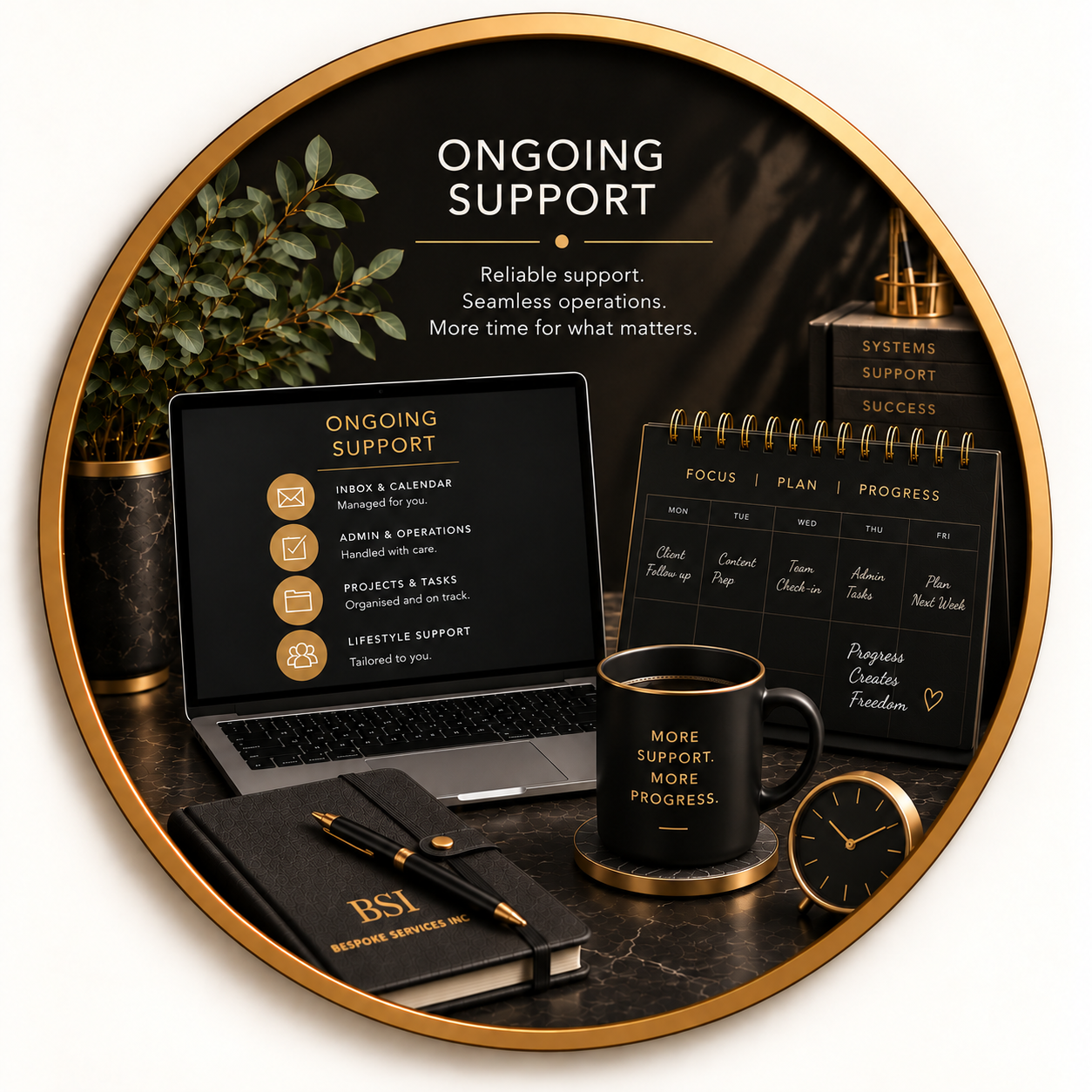 A round mirror reflecting a workspace with a laptop displaying ongoing support services, a calendar, a coffee mug with support message, a black notebook with gold pen, clock, plant, and decorative items, emphasizing themes of ongoing support and progress.