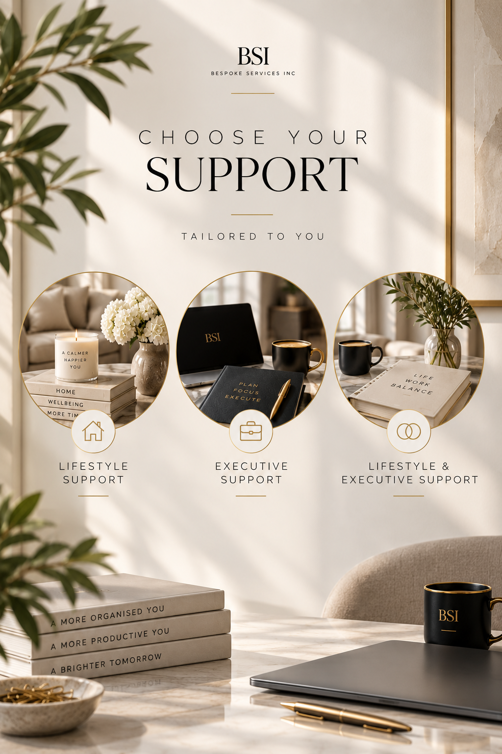 Poster advertising support services with three sections: Lifestyle Support with a candle, flowers, and a stack of books; Executive Support with a laptop, notebook, and coffee mugs; Lifestyle & Executive Support with a folder and a plant. The poster reads "Choose Your Support" with the BSI logo and slogans emphasizing support options.