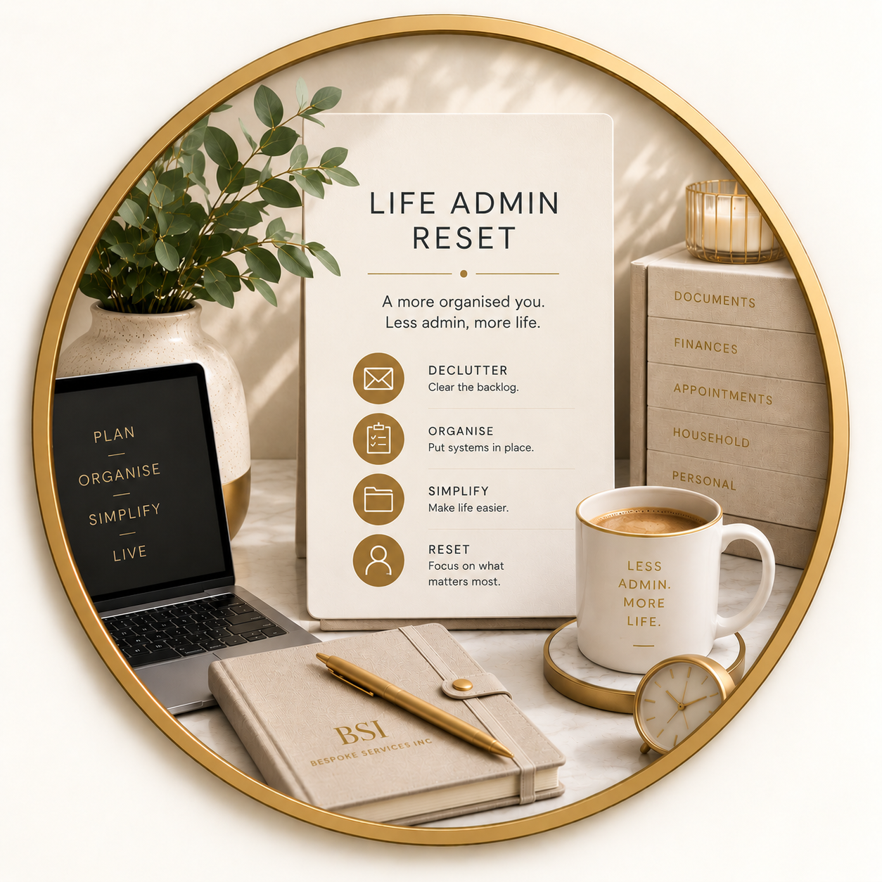Decorative workspace with motivational sign titled 'Life Admin Reset,' a potted plant, a laptop with 'Plan Organise Simplify Live' on the screen, a beige planner with gold pen, a mug with the text 'Less Admin. More Life.', a small clock, a box of documents, and a round candle holder, all with gold accents.