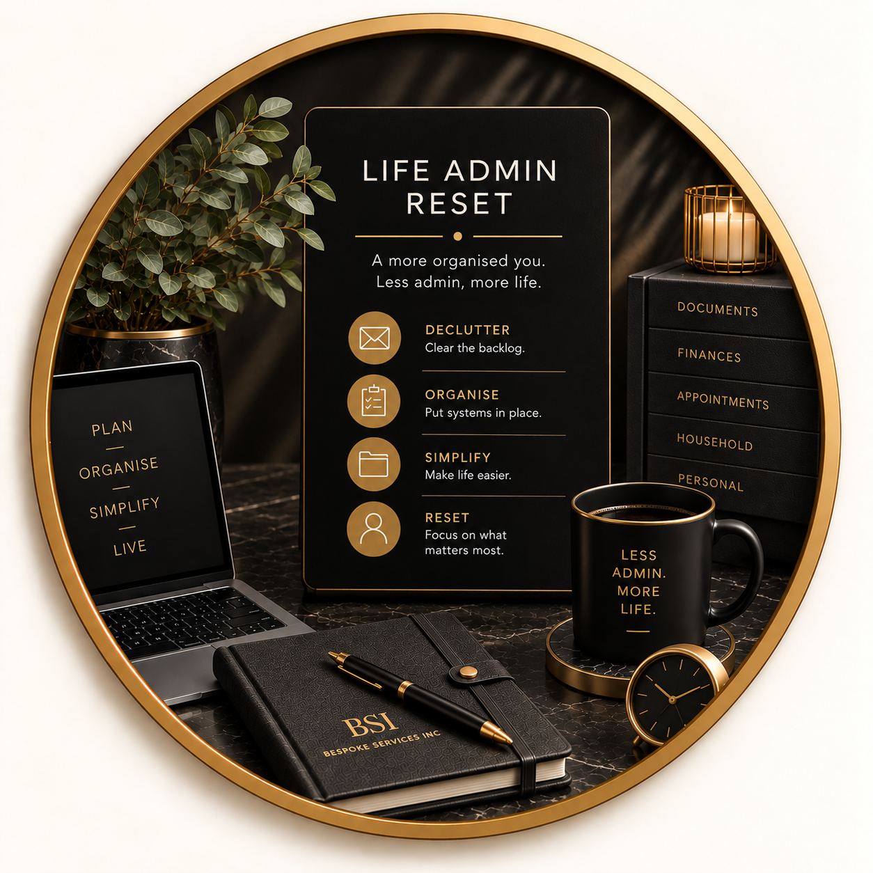 A workspace with a black notebook, pen, laptop, black mug with gold text, desk clock, plant, shelves labeled with different organizational categories, and a large black sign with gold accents promoting life admin reset with tips for decluttering, organizing, simplifying, and resetting.