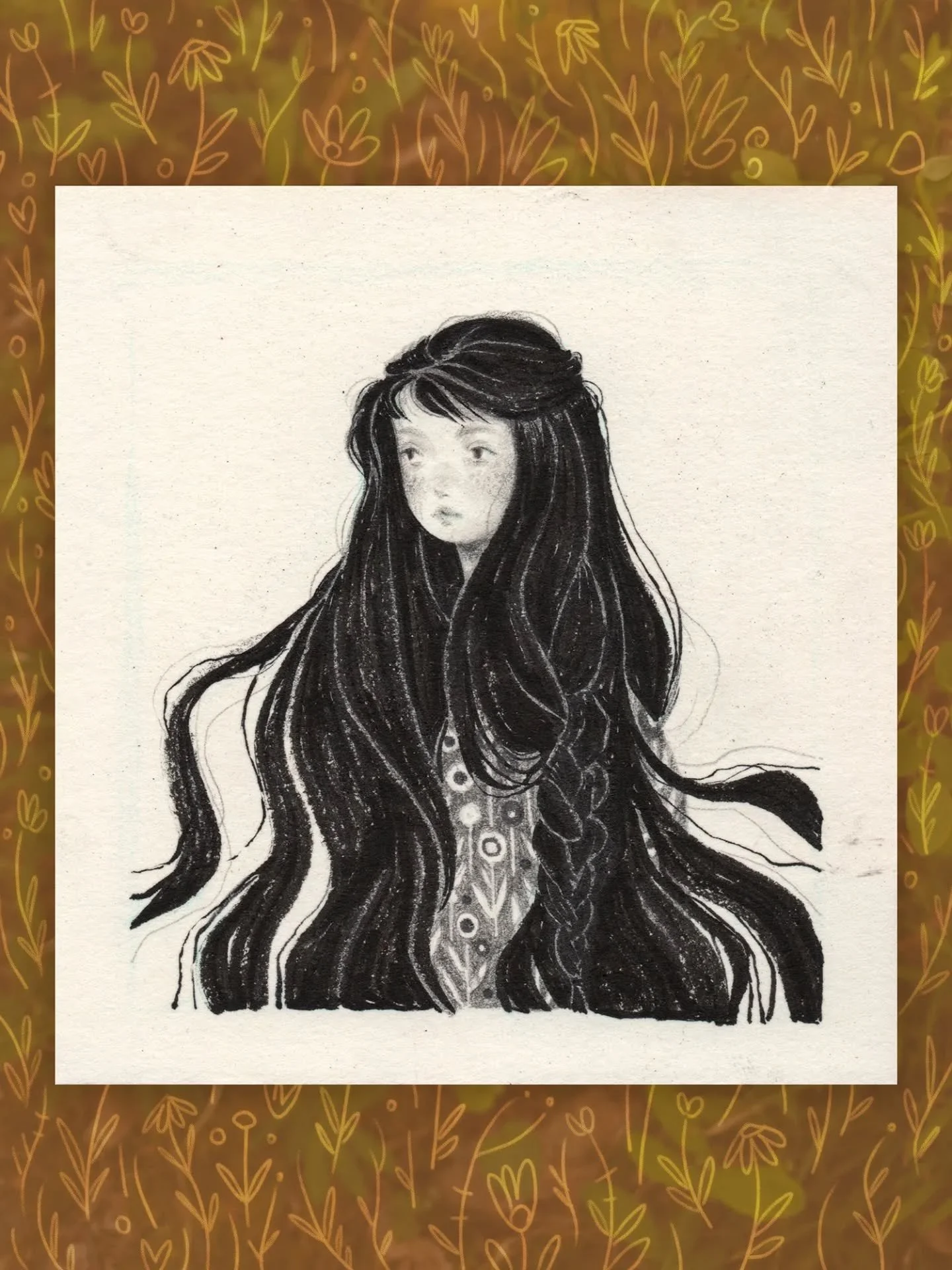 She&rsquo;s here, but not entirely. 

&ldquo;Elsewhere&rdquo; 
Ink and graphite on paper, 10 &times; 10 cm. 

I kept this one minimal and soft to let the dark flowing hair and scattered freckles carry the feeling. It is a small portrait about driftin