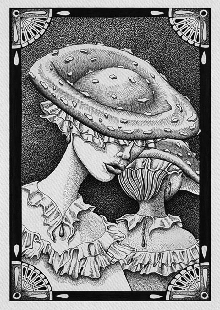 "Amanita Sisters", 6"x 9",
Crowned in amanita, the sisters appear- ceremonial, daring, and impossible to ignore.
"Mushroom Muses Collection"