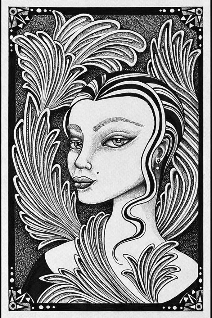 "Madame Schizophylla", 6"x 9",
Adorned in split-gill finery, Madame Schizophylla stands- structured yet untamed, a study in controlled wildness.
"Mushroom Muses Collection"