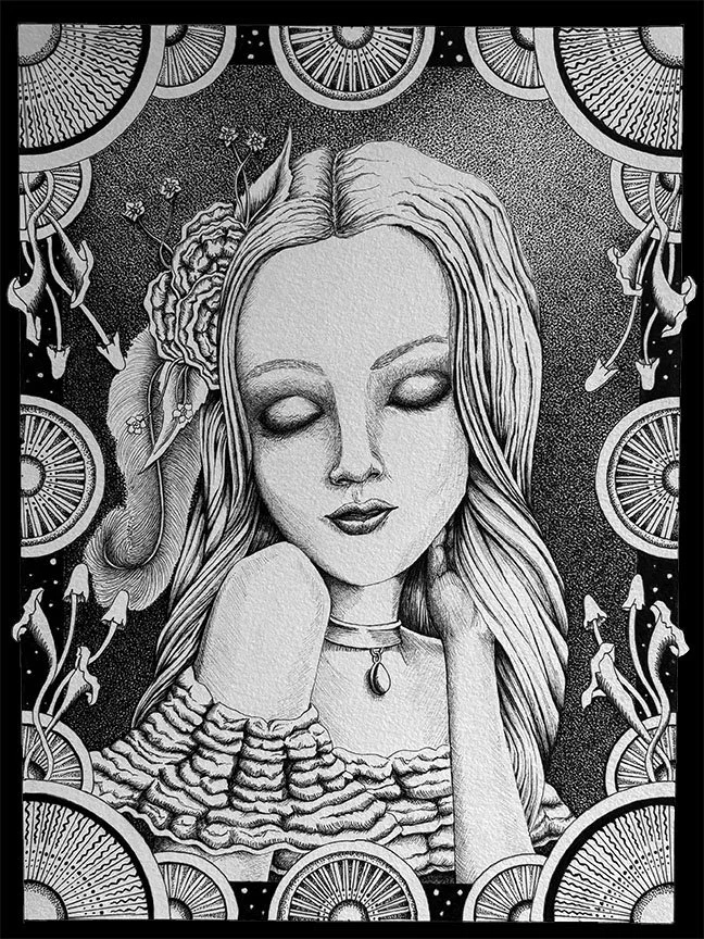 "Reishi Reverie", 9"x12"
Ruffles of Reishi, Art Deco elegance meets mushroom muse glamour