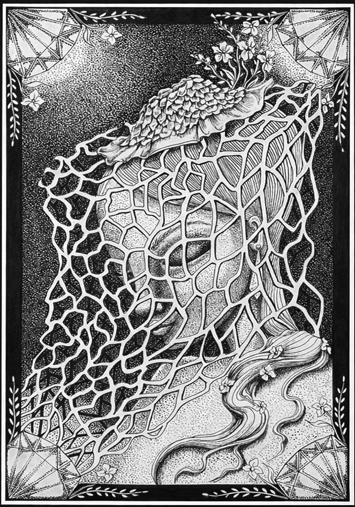 "The Veiled Lady", 6"x 9",
Veiled in delicate lace, she lingers between concealment and allure- an exercise in restraint, mystery, and poise.
"Mushroom Muses Collection"