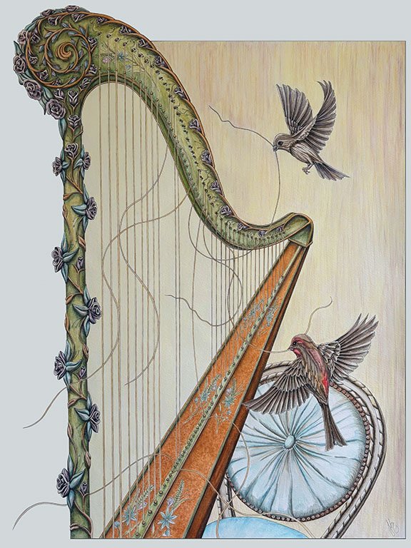 "Mending Harp", Ink & Watercolour, 30"x 22"
1050.00 (framed)
My focus was the harp and how magnificent this instrument truly is. The song birds illustrated are working together to mend the antique harp in hopes it will fill the air with it's sweet me