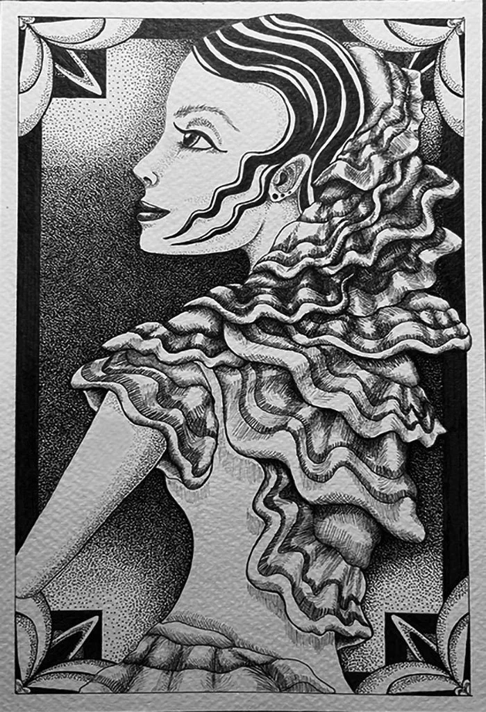 "Madamoiselle Turkey Tail", 6"x 9"
Layered in turkey tail ruffles, she turns- ornamented, rhythmic, and exquisitely composed.
"Mushroom Muses Collection"