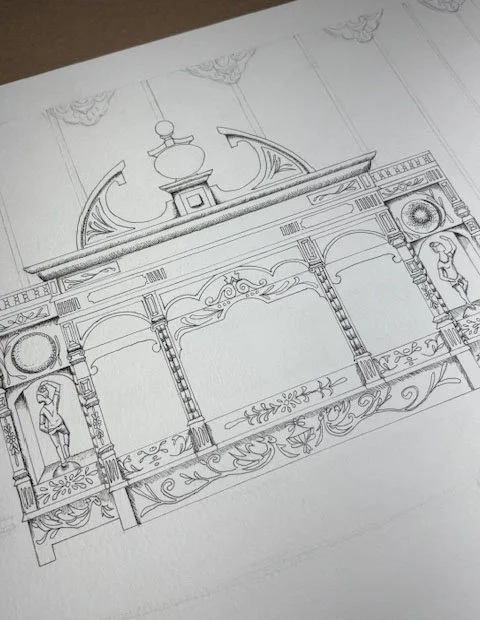 adding ink to the" Fratie band organ". Stunning detail on this antique music machine