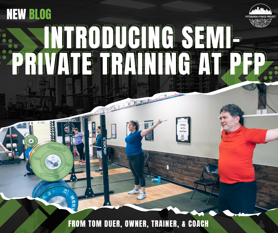 BLOG GRAPHIC: INTRODUCING SEMI-PRIVATE TRAINING AT PFP. Image of four PFP members working on flexibility.