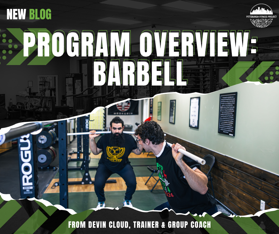 BLOG GRAPHIC: PROGRAM OVERVIEW: BARBELL. Image of Coach Devin walking a client through proper lifting technique.