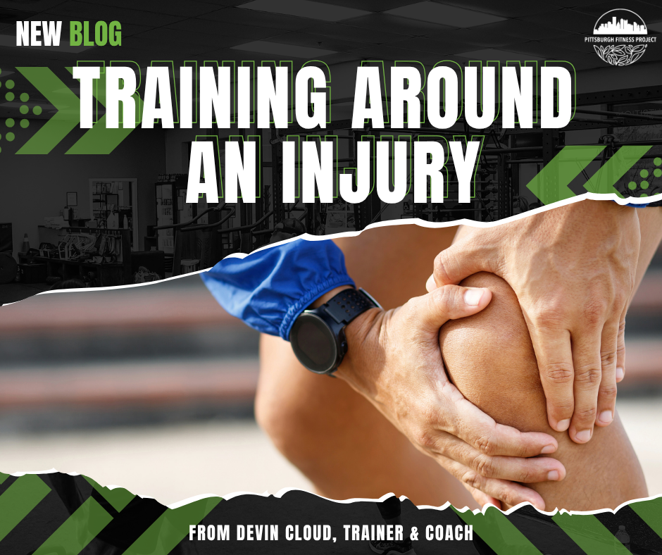 BLOG GRAPHIC: TRAINING AROUND AN INJURY. Image of a runner with an injured knee from Canva Pro.