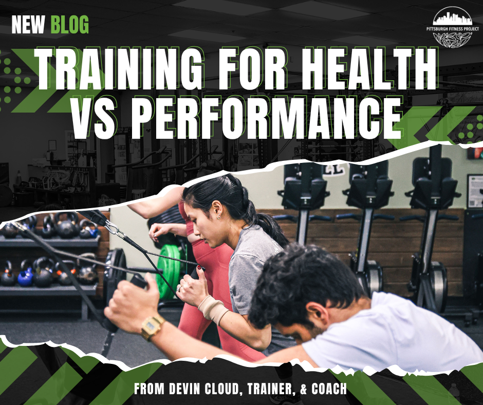 BLOG GRAPHIC: TRAINING FOR HEALTH  VS PERFORMANCE. Image of a PFP Method Class using TRX bands.