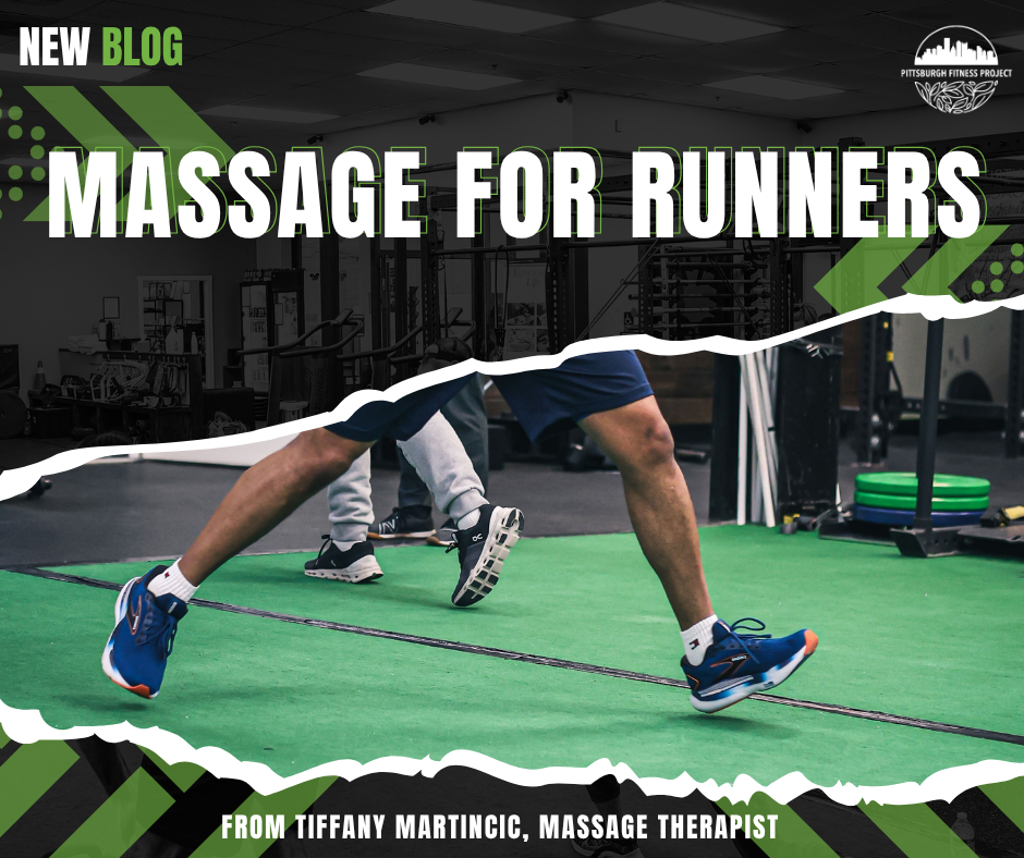 BLOG GRAPHIC: MASSAGE FOR RUNNERS. Close up image of a client's running feet at PFP.