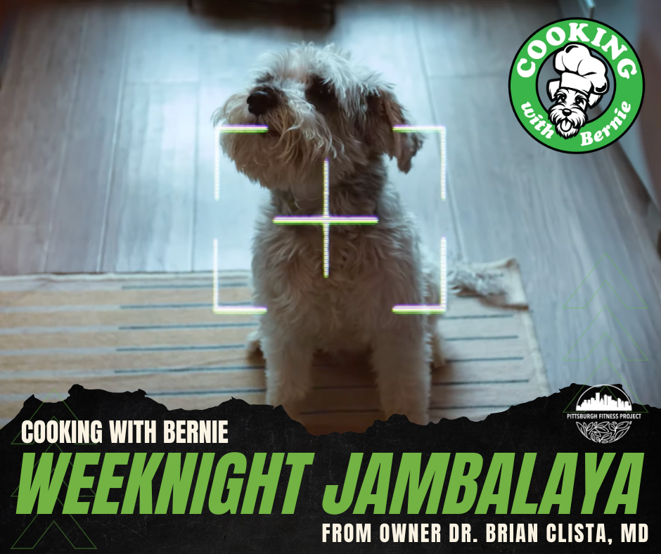 PFP BLOG GRAPHIC: WEEKNIGHT JAMBALAYA. Image of "chef" Bernie the dog, sitting on the floor.