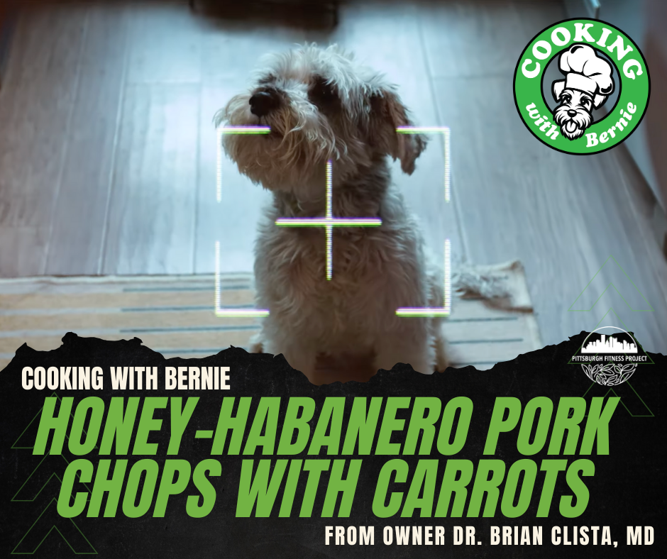 BLOG GRAPHIC: HONEY-HABANERO PORK CHOPS WITH CARROTS. Image of "chef" Bernie the dog, sitting on the floor.