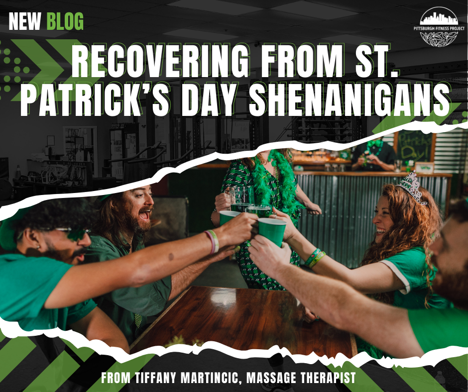 BLOG GRAPHIC: RECOVERING FROM ST. PATRICK’S DAY SHENANIGANS. Image from Canva of rowdy group celebrating St. Patrick's day with green cups.