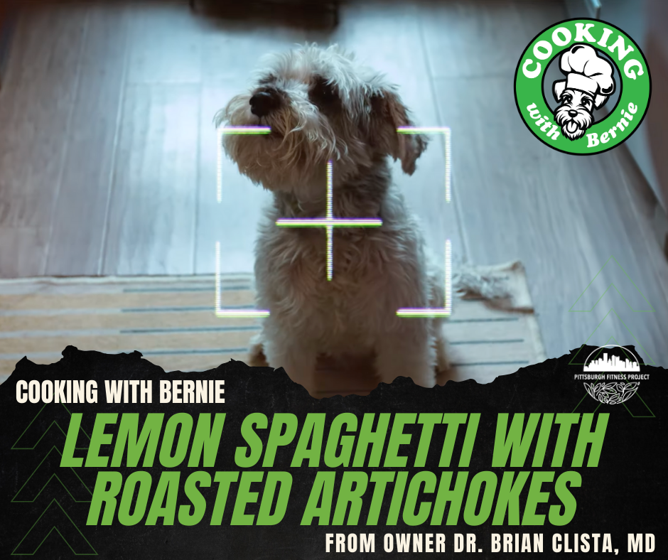 BLOG GRAPHIC: LEMON SPAGHETTI WITH ROASTED ARTICHOKESImage of “chef” Bernie the dog, sitting on the floor.