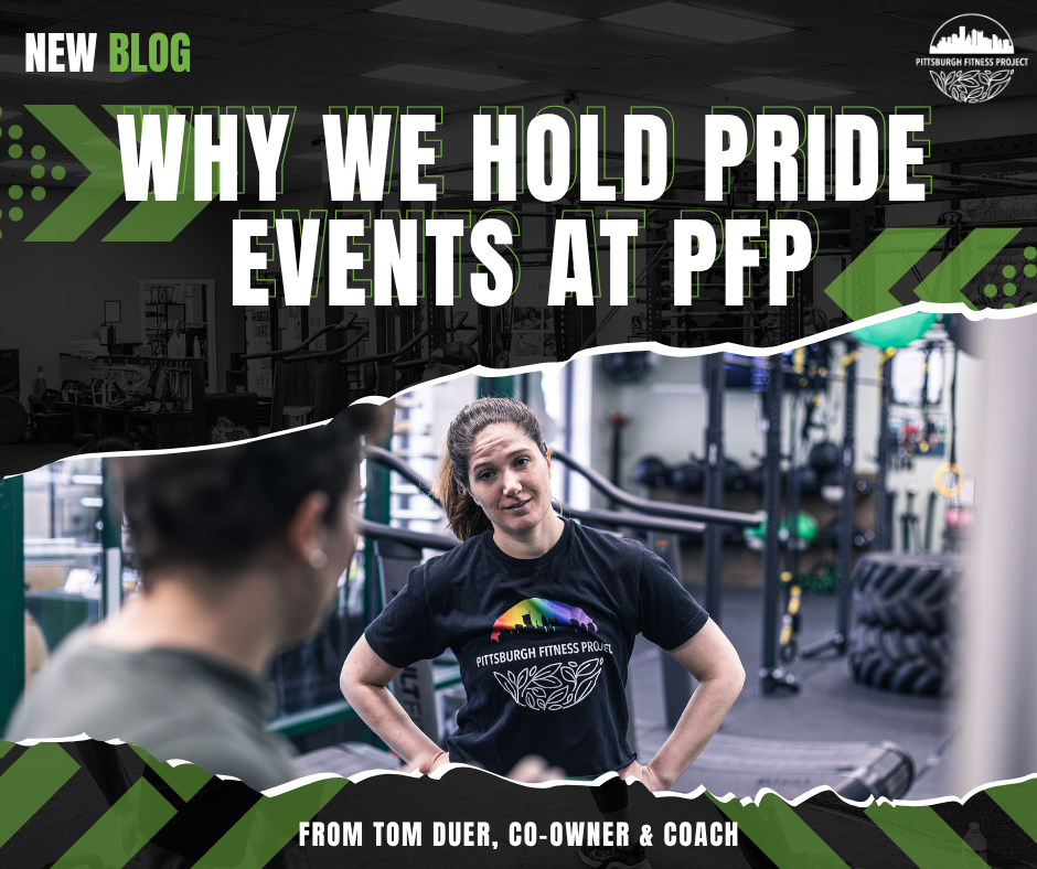 BLOG GRAPHIC: WHY WE HOLD PRIDE EVENTS AT PFP. Image of Trainer Gina in a Pride PFP shirt.