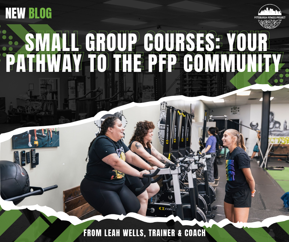 BLOG GRAPHIC: Small Group Courses: Your pathway to the PFP community. Image of coach Andi with Women's Small Group Course clients.