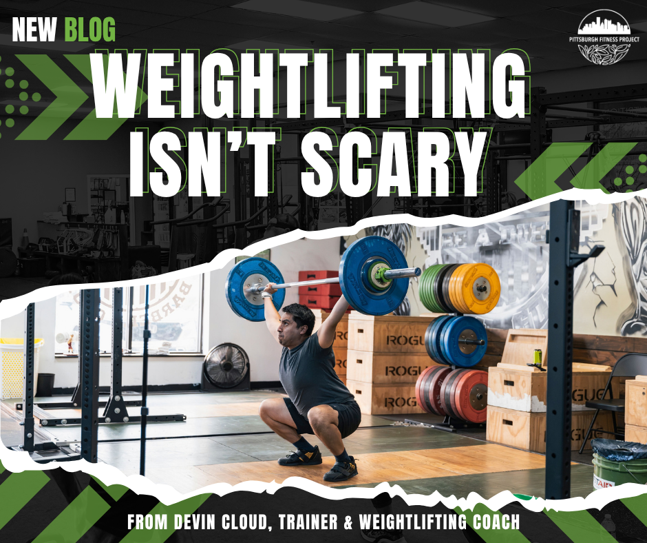 BLOG GRAPHIC: WEIGHTLIFTING ISN'T SCARY. Image of PFP Barbell member doing an overhead squat.