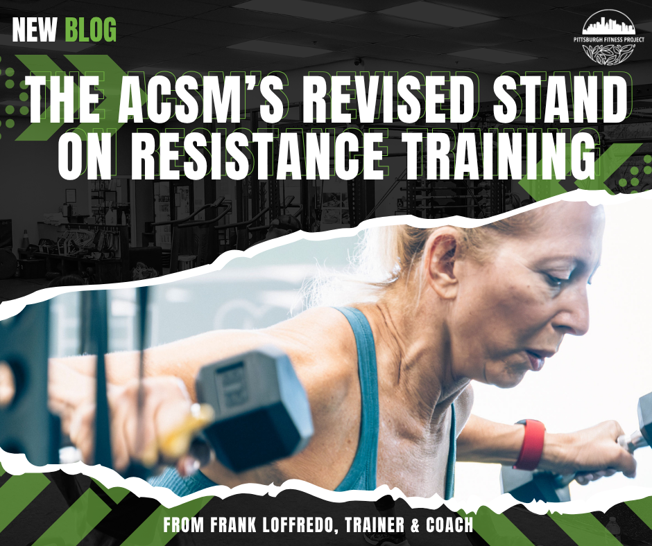 BLOG GRAPHIC: THE ACSM'S REVISED STAND ON RESISTANCE TRAINING. Image of PFP client doing dumbbell flys.