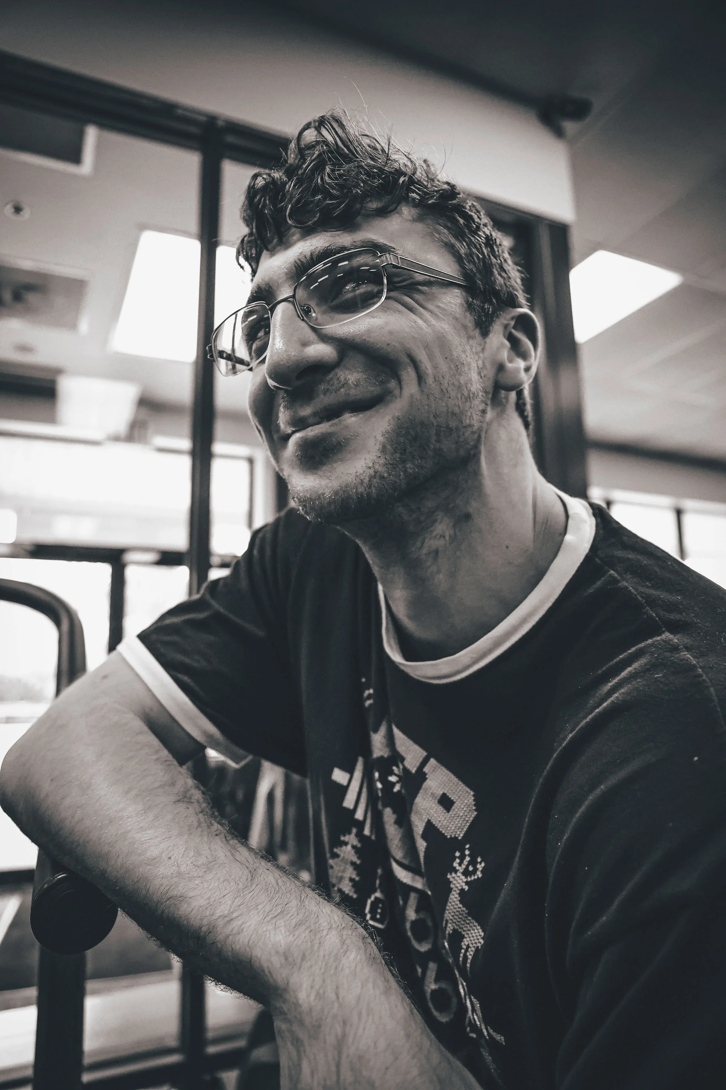 Candid black and white photo of Isaac Piper at PFP.